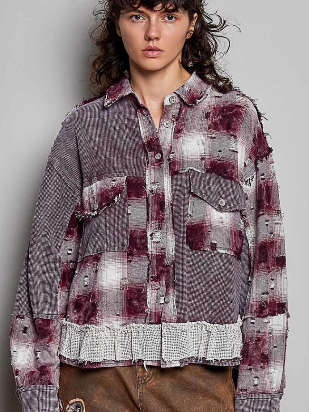 POL Plaid Print Distressed Button Down Loose Fit Shirt